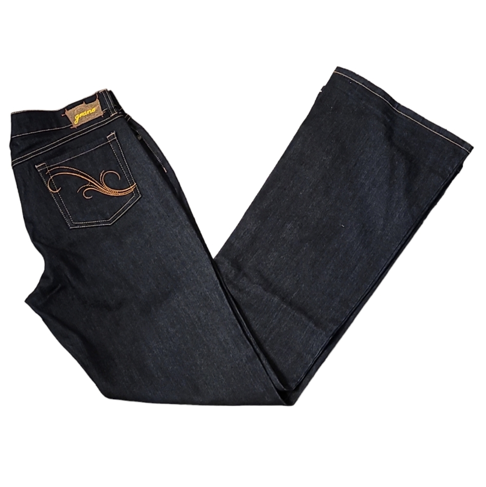 Grane Dark Blue Gold Embroidery Detail Pocket Bootcut Denium Jeans, Size 11